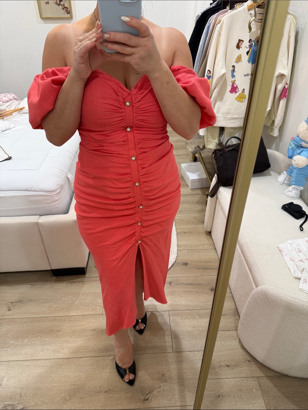 Ronny Kobo Collection Coral Off-Shoulder Ruched Midi Dress